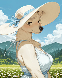 anthro black_eyes blue_sky blush breasts clothing cloud dress eyelashes female flower light_smile long_eyelashes looking_at_viewer medium_breasts mountains nature plant ribbons sky sleeveless solo sun_hat white_body burioth mammal polar_bear ursid ursine absurd_res half-length_portrait hi_res portrait shaded