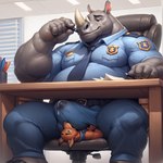 anthro big_dom_small_sub bodily_fluids canid canine chair clothed clothing dominant duo erection erection_under_clothing facesitting fox furniture genital_fluids genitals hi_res holding_object holding_pen leaking_precum licking male male/male mammal musclegut nick_wilde office office_chair on_chair oral pen penile penis penis_lick police_badge police_uniform precum precum_through_clothing rhinocerotoid sex sitting sitting_on_another sitting_on_chair size_difference spread_legs spreading table tongue tongue_out under_table uniform wet wet_clothing zeid_(director) zootopia