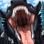 black_body black_scales blue_eyes bodily_fluids claws day drooling fangs feral frill_(anatomy) head_crest head_frill horn imminent_vore licking male mouth_shot open_mouth outside saliva scales solo teeth tongue tongue_out loganth dragon hi_res