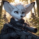 anthro canid canine fennec forest fox fur grey_eyes lucifluffy male mammal plant ranged_weapon solo techwear tree weapon white_body white_fur wilek