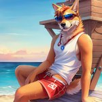 absurd_res anthro beach canid canine canis clothing domestic_dog eyewear hi_res lifeguard male mammal pup_tobey seaside seductive shirt solo summer sunglasses swimwear tank_top topwear water wet wet_body