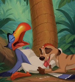 3_toes 4_fingers animal_genitalia animal_penis anthro anthro_on_feral beak bestiality black_body black_fur blue_body blue_fur bodily_fluids brown_body brown_fur chest_tuft cum cum_in_mouth cum_inside cum_on_body cum_on_face cum_on_tongue duo eyes_closed feathers feet fellatio feral fingers fur genital_fluids genitals head_tuft jungle looking_pleasured lying male male/male nature nature_background on_back on_ground open_mouth oral orgasm outside penile penis plant red_body red_fur sex shrub side_view smile spread_legs spreading striped_body striped_fur stripes tail tail_feathers tapering_penis toes tongue tongue_out tree tuft white_body white_fur luckydawolf timon zazu avian bird bucerotiform herpestid mammal meerkat hi_res