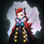 anthro black_nose breasts cave clothed clothing ear_piercing ear_ring ears_up female fur glowing glowing_eyes hair icefoxai lights markings piercing red_hair ring_piercing robe smile solo white_body white_fur yellow_eyes