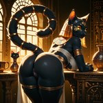 anthro anus big_breasts big_butt breasts butt clothing easter_egg egyptian egyptian_clothing egyptian_mythology female genitals jewelry leaning_on_table looking_at_viewer palace pussy rear_view solo solo_focus temple xeno443 bast deity felid feline mammal hi_res