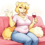 5_fingers alcohol belly beverage big_breasts biped blonde_hair blue_bottomwear blue_clothing blue_pants bottomwear breasts chest_tuft cleavage clothed clothing container countershading cup denim denim_bottomwear denim_clothing dipstick_tail drinking_glass eyebrow_through_hair eyebrows eyelashes female fingers fluffy fluffy_tail fully_clothed fur furniture gesture glass glass_container glass_cup hair holding_beverage holding_object jeans jewelry looking_at_viewer markings necklace on_sofa pants pink_clothing pink_nose red_eyes shirt short_hair simple_background sitting sitting_on_sofa slightly_chubby smile smiling_at_viewer sofa solo t-shirt tail tail_markings thick_thighs topwear translucent translucent_hair tuft waving waving_at_viewer wine wine_glass yellow_body yellow_fur unknown_director felid mammal mink mustelid musteline pantherine true_musteline absurd_res hi_res portrait shaded