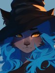 anthro black_body black_fur black_nose blue_hair blush clothing eyebrows eyelashes female fur hair hat headgear headwear inner_ear_fluff long_eyelashes markings pupils slit_pupils solo tuft witch_hat yellow_eyes sappy_(director) felid feline mammal absurd_res hi_res portrait shaded