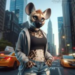 anthro black_clothing black_shirt black_topwear bottomwear clothing collar denim denim_clothing female fur grey_clothing grey_hoodie grey_topwear hair hoodie jeans looking_at_viewer pants shirt smile solo spots spotted_body tank_top topwear omgechounknown hyaenid mammal