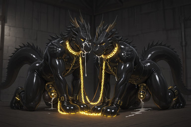 anthro bodily_fluids bondage_gear chastity_cage chastity_device claws collar duo genital_fluids genitals horn latex looking_at_viewer male male/male mythology penis petplay roleplay flame1ock dragon mythological_creature mythological_scalie scalie hi_res