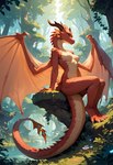 anthro dragon_wings female nature nature_background pony_diffusion_(model) red_body red_scales scales sitting sitting_on_rock solo wings cattorihanzo dragon absurd_res hi_res