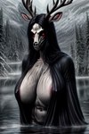 abs anthro antlers big_breasts black_hair bone breasts cloak clothed clothing female foggy fur hair horn lake long_hair looking_at_viewer nipple_outline nipples partially_submerged plant prompt red_eyes skull skull_head smile snow solo solo_focus standing tree tuft white_body cresent_sun cervid mammal monster undead wendigo hi_res prompt_metainfo