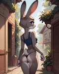 anthro butt clothing crop_top female outdoors plant_pot purple_eyes rear_view shirt slim solo tank_top thigh_gap thong topwear underwear zootopia tokamak_(director) judy_hopps lagomorph leporid mammal rabbit hi_res portrait three-quarter_portrait