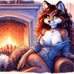 anthro breasts canid canine clothing dall-e_3 director_sunshine female fluffy fox hair looking_at_viewer mammal nipples seductive solo