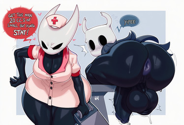 <3 anthro anus armwear balls bent_over big_balls big_breasts big_butt big_penis black_body blush bodily_fluids breasts butt clothed clothing dialogue dripping duo elbow_gloves emanata erection fecharis female genital_fluids genitals gloves handwear hat headgear headwear holding_object huge_balls huge_butt huge_penis looking_at_viewer looking_back male motion_lines nurse nurse_clothing nurse_hat nurse_headwear nurse_uniform onomatopoeia penis precum precum_drip simple_background size_difference small_but_hung sound_effects speech_bubble sweat sweatdrop text thick_thighs throbbing throbbing_penis uniform wide_hips hellsonger hollow_knight team_cherry hornet_(hollow_knight) arthropod insect 2025 english_text
