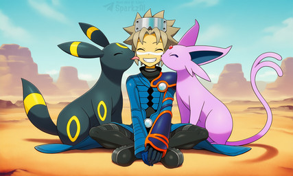 ambiguous_feral ambiguous_gender black_body black_fur blue_sky cheek_lick clothing crossed_legs day desert eyes_closed face_lick feral fur grin group hair happy licking male male_human markings on_ground outside pink_body quadruped sitting sitting_on_ground sky smile tail telegram telegram_logo text tongue tongue_out trio yellow_markings sergalbutt nintendo pokemon pokemon_colosseum wes_(pokémon) eeveelution espeon generation_2_pokemon human mammal pokemon_(species) umbreon 5:3 director_name signature url