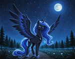 blue_eyes crown cutie_mark ears_up feathered_wings feathers female feral flower friendship_is_magic full_moon grass hasbro horn light moon moonlight night plant sky smile solo spread_wings standing star starry_sky stone_road tree wings tyto4tme4l my_little_pony princess_luna_(mlp) equid equine mammal winged_unicorn hi_res