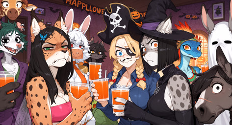 anthro beverage biped blue_eyes female fur green_eyes grey_eyes group halloween halloween_costume inside jack-o'-lantern orange_eyes red_eyes scar spots spotted_body spotted_fur anonymous_director invoke_high didelphid equid equine felid feline giraffe giraffid human lagomorph leporid mammal marsupial rabbit scalie hi_res