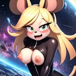 anthro blonde_hair blush breasts clothing exposed_breasts eyelashes female floating green_eyes hair hi_res jumpsuit mammal medium_breasts mouse murid murine narrowed_eyes nebula nipples planet rodent seductive sklimaa solo space zero_gravity