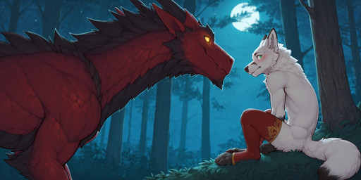 anthro blush clothed clothing crossdressing dipstick_tail duo fur glowing glowing_eyes green_eyes legwear male markings mostly_nude mythology night nude outdoor_nudity outside red_body tail_markings thigh_highs walking white_body white_fur yellow_eyes plapenjoyer canid canine dragon fox furred_dragon mammal mythological_creature mythological_scalie scalie hi_res