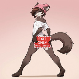 ambiguous_gender anthro beanie blep bottomless bow_(disambiguation) brown_body brown_eyes brown_fur clothed clothing ear_piercing fluffy fluffy_tail fur hat headgear headwear holding_object humor inner_ear_fluff male piercing pink_clothing shirt sign simple_background solo text tongue tongue_out topwear tuft white_clothing rizzenwolf_(director) rizzenwolf_(character) canid canine canis mammal wolf english_text hi_res