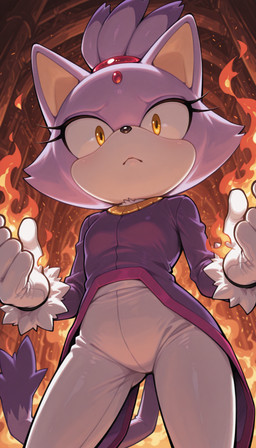 anthro bottomwear clothing eyelashes female fire flat_chested fur gloves hair handwear looking_at_viewer low-angle_view pants ponytail purple_body purple_fur solo standing tail yellow_eyes crody sega sonic_the_hedgehog_(series) blaze_the_cat domestic_cat felid feline felis mammal hi_res
