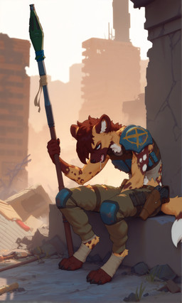 4_toes 5_fingers angry anthro armor bite_mark blood blue_eyes bodily_fluids brown_body brown_fur city city_background clothing destroyed_building digitigrade drooling feet fingers foggy fur head_down holding_object holding_spear holding_weapon holster inner_ear_fluff looking_up male melee_weapon open_mouth outside pockets polearm post-apocalyptic rocket saliva shoulder_armor simple_background sitting solo spear tan_background tan_body tan_fur tan_sky toes torn_clothing tuft v-cut weapon white_body white_fur adragocult african_wild_dog canid canine mammal absurd_res hi_res