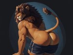 abstract_background absurd_res anthro bent_over big_butt bottomwear butt closed_smile clothed clothing code_0_0 felid feline hair hair_over_eyes hi_res lion looking_back male mammal mane muscular muscular_male pantherine partially_clothed presenting presenting_hindquarters shorts shorts_down solo