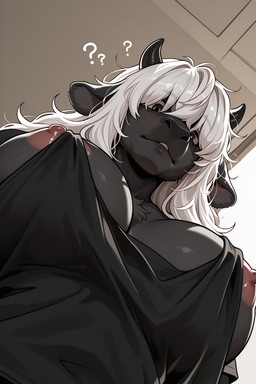 anthro big_breasts black_horn breasts clothing female fur hair horn inside long_hair looking_at_viewer looking_down low-angle_view messy_hair nipple_slip nipples solo standing tuft white_hair kbi bovid bovine cattle humanoid mammal