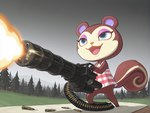 bottomless clothed clothing female forest gatling_gun gun machine_gun makeup minigun muzzle_flash outside plant ranged_weapon shirt shirt_only solo tail topwear topwear_only tree weapon anonymous_director animal_crossing nintendo pecan_(animal_crossing) mammal rodent sciurid