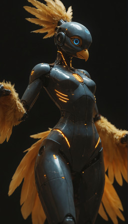 anthro beak cybernetic_leg cybernetic_limb cybernetics feathers female machine solo tail_feathers ai_yiff e6ai mascot_2025 avian bird absurd_res hi_res portrait