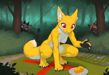 3_toes 4_fingers anthro being_watched black_body black_claws black_fur black_pawpads black_sclera breasts brown_body brown_fur brush cage cheese claws countershading crouching dairy_products detailed_background digitigrade dipstick_tail featureless_breasts feet female feral fingers fluffy food forest forest_background fur grass grey_body grey_fur group hand_on_ground hiding holding_object horn inner_ear_fluff looking_at_another male markings multicolored_body multicolored_fur mythology nature nature_background neck_tuft nipples nude open_mouth orange_eyes outside paintbrush pawpads paws picnic pink_eyes plant plate red_eyes rope shrub smile solo_focus tail tail_markings tail_tuft toe_claws toes tree trio tuft two_tone_body two_tone_fur white_body white_fur yellow_body yellow_fur adragocult jaune_(adragocult) jax_(slop_dragon) canid canine canis domestic_dog dragon furred_dragon furred_kobold furred_scalie german_shepherd herding_dog kobold mammal mythological_creature mythological_scalie pastoral_dog scalie digital_media_(artwork) hi_res