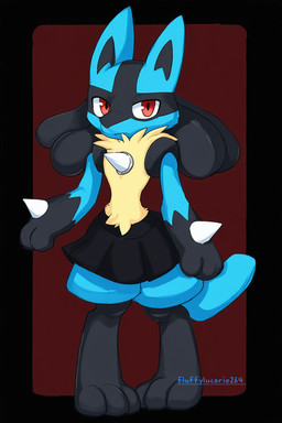 3_fingers 3_toes anthro black_background blue_body bottomwear chest_spike clothing ears_up feet femboy fingers fluffy hand_spike male red_background red_eyes simple_background skirt solo spikes spikes_(anatomy) toes yellow_chest fluffylucario264 nintendo pokemon luca_(fluffylucario264) canid canine mammal pokemon_(species) hi_res