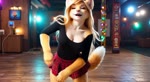 anthro blonde_hair bottomwear breasts clothing dancing female fluffy fluffy_tail fur hair realistic realistic_fur realistic_lighting red_eyes skirt solo yellow_body yellow_fur zabern mila_minx mammal mink mustelid musteline true_musteline animated hi_res webm