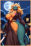 amber_eyes anthro asian_clothing big_breasts blonde_hair breasts clothing east_asian_clothing female green_body hair horn japanese_clothing kimono long_hair night nipples pink_nipples solo lunarsunlite13 ayame_(droll3) dragon eastern_dragon hi_res