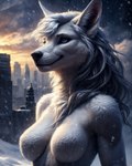 anthro auykac blue_eyes breasts canid city city_background female fluffy fur hair hi_res mammal medium_breasts snow solo white_body white_fur white_hair