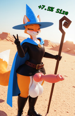 animal_genitalia belt big_butt big_penis black_boots black_clothing black_footwear black_gloves black_handwear black_robe blush bodily_fluids boots butt canine_genitalia cape clothing eyes_closed femboy footwear fur genital_fluids genitals gesture gloves handwear hat headgear headwear huge_penis hyper hyper_genitalia hyper_penis knot male orange_body orange_fur outside penis precum robe solo staff text v_sign white_body wizard_hat xanazebra megabonk fox_(megabonk) canid canine fox mammal 3d_(artwork) absurd_res digital_media_(artwork) hi_res