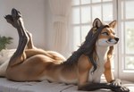 anthro bed bedroom black_hair blue_eyes brown_body brown_fur curtains digitigrade female fur furniture hair long_hair looking_up lying nude on_bed on_front plant smile solo tasteful_nudity white_body white_fur window director_crashbandit canid canine fox mammal novelai