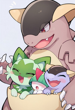 2026 ambiguous_gender anthro blush blush_lines bodily_fluids brown_body claws emanata eyes_closed fangs feral fur green_body green_fur green_hair group hair half-closed_eyes narrowed_eyes obscured_eyes open_mouth paws pouch_(marsupial) purple_body simple_background size_difference sweat teeth tongue white_body kaigamiaikemono nintendo pokemon felid feline generation_1_pokemon generation_3_pokemon generation_9_pokemon humanoid kangaskhan mammal pokemon_(species) ralts sprigatito hi_res