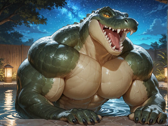 abs anthro biceps big_biceps big_muscles big_shoulders brown_eyes claws countershade_torso countershading dripping_wet fence garden green_body green_scales lamp lantern leaning leaning_forward looking_at_viewer male multicolored_body multicolored_scales muscular muscular_male narrowed_eyes neck_muscles night nipples open_mouth open_smile partially_submerged pecs pupils scales sharp_teeth slit_pupils smile smiling_at_viewer smug solo star swimming_pool tan_body tan_scales teeth thick_neck three-quarter_view tongue torso_shot triceps two_tone_body two_tone_scales vein veiny_biceps yellow_sclera smelner11 crocodile crocodilian crocodylid reptile scalie hi_res