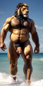 anthro balls bodily_fluids genital_fluids genitals hair looking_at_viewer male muscular nipples nude outside overweight overweight_anthro penis realistic seaside sky solo tuft walking wave joachim58 felid lion mammal pantherine animated hi_res webm