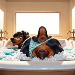 anatomically_correct anatomically_correct_genitalia animal_genitalia animal_pussy anus ass_up bath bathroom bedroom_eyes bubble canine_genitalia canine_pussy clothed clothed_feral clothing clothing_aside digitigrade ear_piercing fangs faucet female feral genitals inviting looking_at_viewer looking_back looking_back_at_viewer narrowed_eyes panties panties_aside piercing presenting pussy raised_tail seductive small_tail smile soap solo suds tail_anus teeth underwear underwear_aside water wet pleasedontlook canid canine canis domestic_dog mammal mastiff molosser rottweiler hi_res