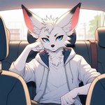 anthro blue_eyes car clothing dall-e_3 day front_view fur head_on_hand hoodie inside_car light looking_away male shirt sitting solo sunlight t-shirt topwear vehicle white_body white_clothing white_fur lucifluffy wilek canid canine fennec fox mammal half-length_portrait portrait