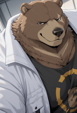 anthro brown_body brown_eyes brown_fur clothing collared_shirt fur jacket looking_at_viewer male mature_male neck_tuft shirt smile smiling_at_viewer solo topwear tuft upper_body haxivus zenless_zone_zero ben_bigger mammal ursid hi_res