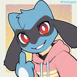 ambiguous_gender anthro black_body black_fur blue_body blue_fur clothed clothing fur gesture head_tuft hoodie middle_finger red_eyes simple_background smile solo teeth topwear tuft upper_body kaltingale_(director) nintendo pokemon generation_4_pokemon pokemon_(species) riolu hi_res portrait signature