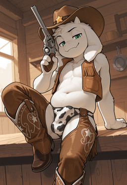 anthro boots bulge clothing cowboy cowboy_hat detailed_background floppy_ears footwear fur gun half-closed_eyes handgun hat headgear headwear horn looking_at_viewer male narrowed_eyes ranged_weapon revolver solo video_games weapon white_body white_fur anonymous_director undertale undertale_(series) asriel_dreemurr bovid caprine goat mammal hi_res
