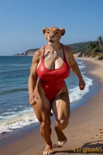 anthro beach big_breasts breasts clothing curvaceous curvy_figure female huge_breasts looking_at_viewer music music_video narrowed_eyes open_mouth running seaside shaking_breasts sharp_teeth slow_motion solo swimwear teeth voluptuous wide_hips vlrgromns sarabi_(the_lion_king) felid lion mammal pantherine animated sound webm