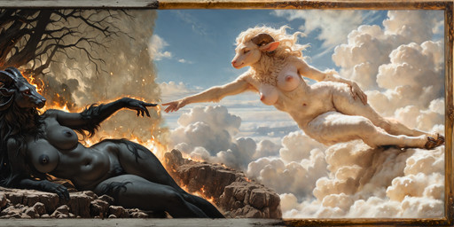 anthro areola breasts cloud dark_areola dark_body dark_fur dark_nipples duo exposed_breasts fantasy female female/female fire fur gold_(metal) gold_jewelry horn jewelry light_body light_fur nipple_piercing nipple_ring nipples piercing pink_nipples religion ring_piercing vilkas00 bovid caprine goat mammal absurd_res hi_res