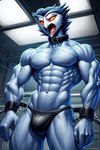 abs anthro athletic athletic_anthro athletic_male beak biceps bound clothing collar cuff_(restraint) growth laboratory male muscle_growth muscular muscular_anthro muscular_male navel nipples panties pecs restraints screaming solo test_subject thong underwear birdovo stolas_(helluva_boss) avian bird demon owl hi_res