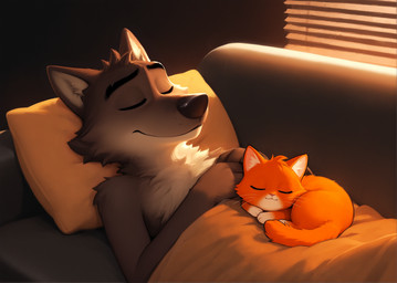 ambiguous_gender anthro bedding blanket brown_body cuddling duo eyebrows eyes_closed feral fur furniture grey_body grey_fur head_tuft inside light lying male nude on_back orange_body orange_fur pillow sleeping smile sofa sunlight tuft whiskers white_body white_fur hank94_(director) canid canine canis domestic_cat felid feline felis mammal wolf hi_res lighting