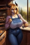 anthro apron attempted_signature big_breasts blonde_hair blue_eyes bottomwear breasts clothed clothing denim denim_clothing detailed_background dragon female food hair hi_res horn jeans kitchen looking_at_viewer official_floof_inspector pants scales scalie seductive smile solo