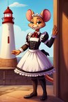 2024 anthro biped black_clothing black_footwear black_shoes clothed clothing female footwear lighthouse maid_headdress maid_uniform outside shoes solo uniform anonymous_director mammal mouse murid murine rodent